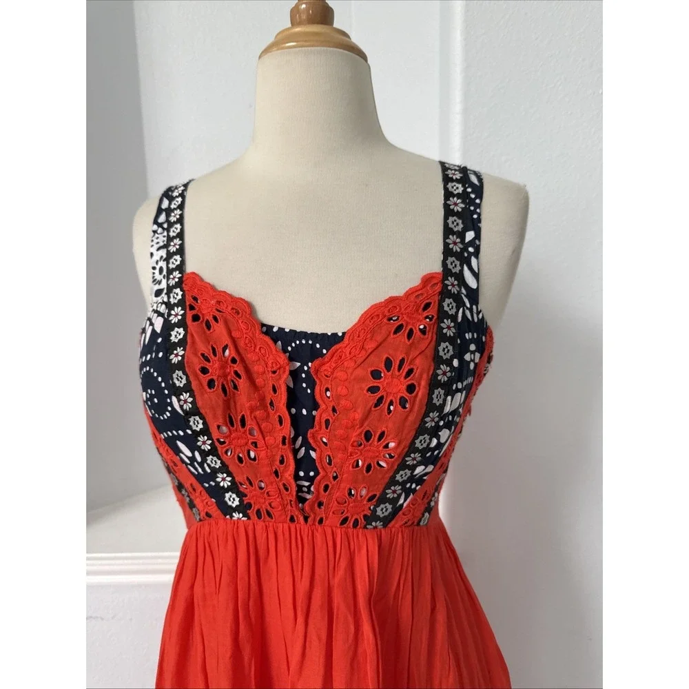 Free People‎ Midi Dress 0 Red Eyelet Bossa Nova Boho Hi-Low Embroidered Festival